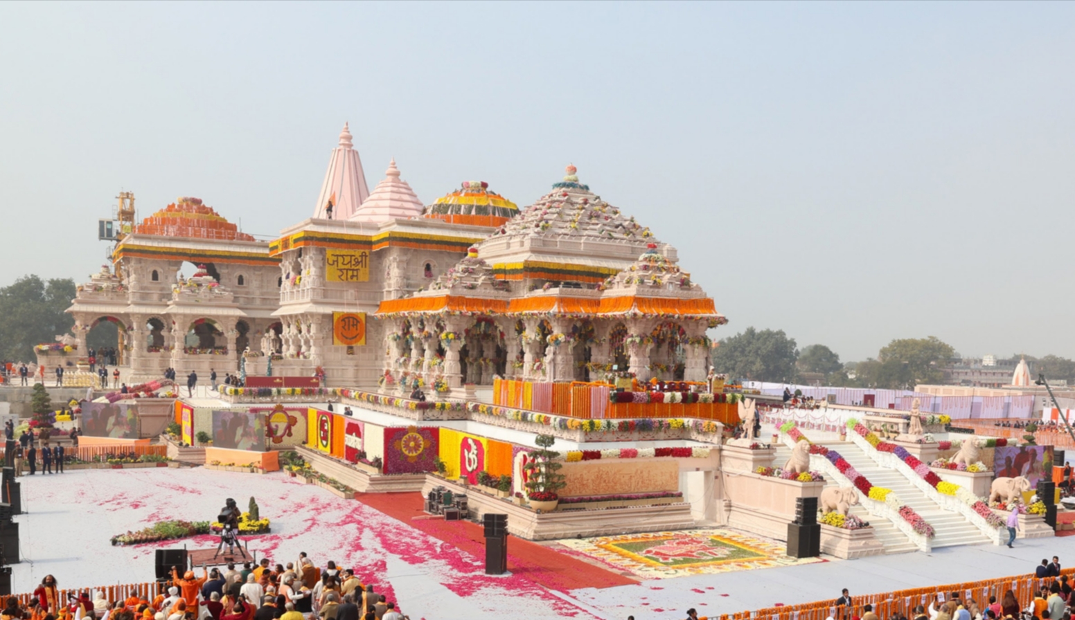 Shri Ram Janmabhoomi Mandir, Ayodhya decorated with marigold garlands on inauguration day